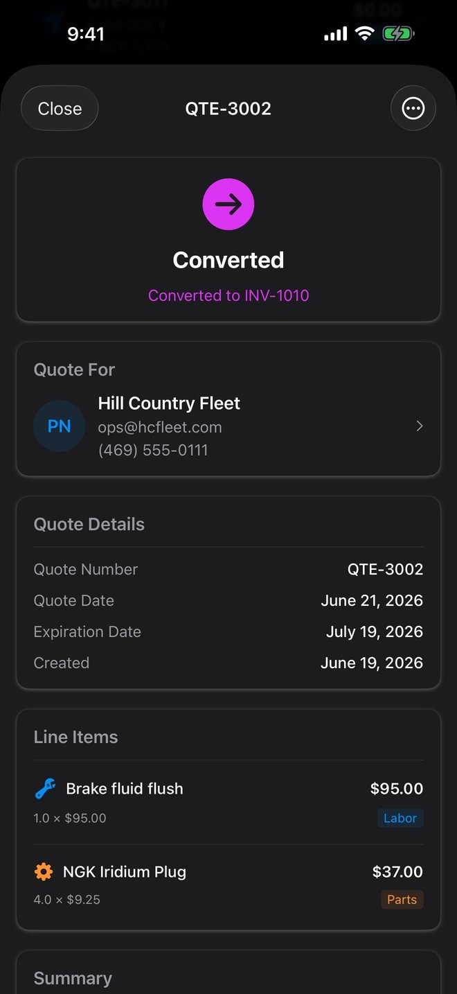 Trackara Pro app: quote QTE-3002, converted to an invoice, with the quote details and line items